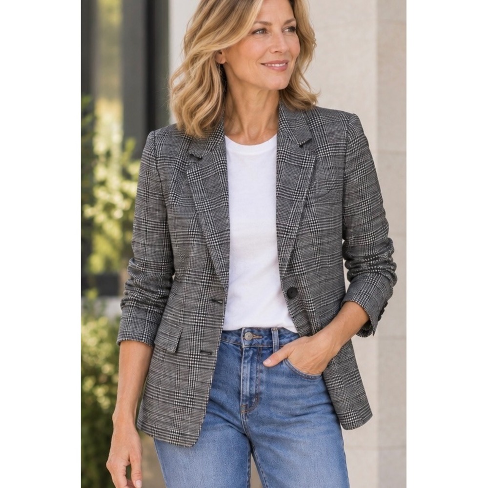 Everlane Grey Plaid Italian ReWool Oversized Blazer 4 Glen Check Wool Blend